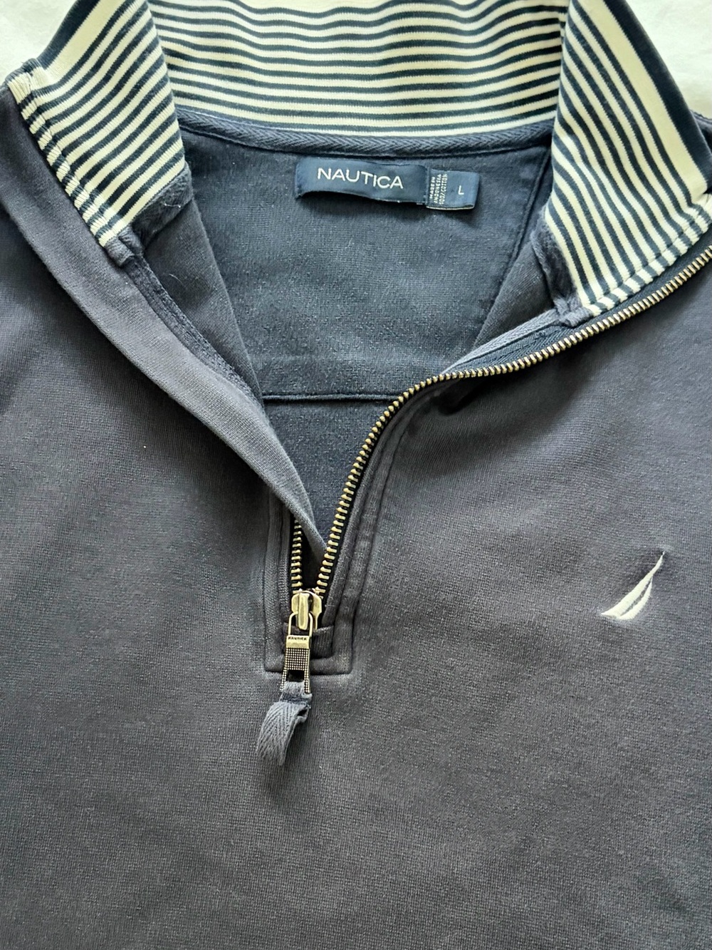 Nautica Women’s Navy Half-Zip Sweater with Striped Collar